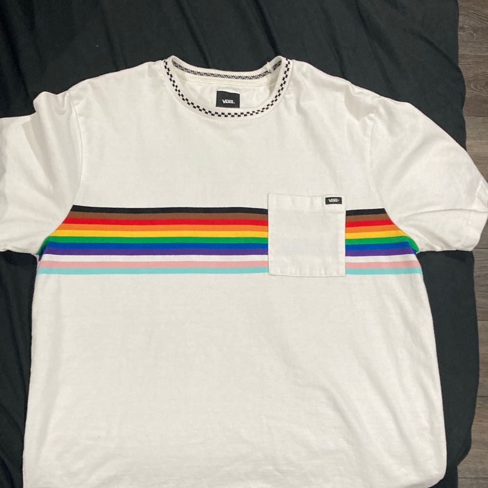 Vans White Tee with Rainbow Stripes